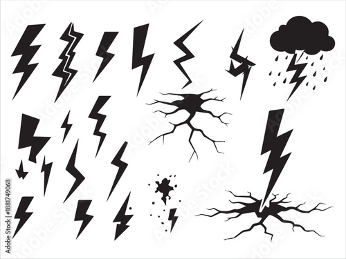 Collection of lightning bolt and storm icons in black and white
