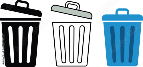 Street garbage bin, solid black with slanted lid and vertical slat design, waste disposal