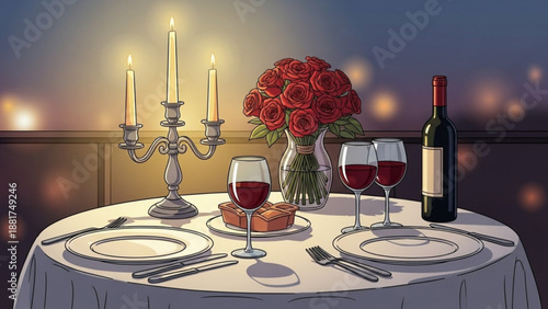 Romantic dinner table setting with wine roses and candles perfect for Valentines Day or anniversary celebration elegant evening ambiance