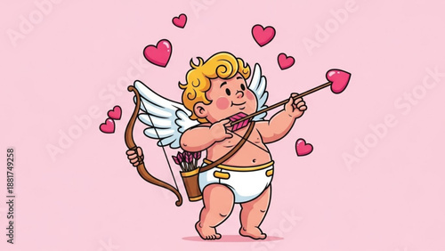 Cute cupid aiming a heart arrow with bow and quiver surrounded by floating hearts perfect for Valentines Day and love concepts