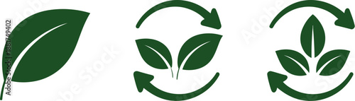 Two green leaves inside a circular arrow symbol, indicating a renewal and recycling cycle icon