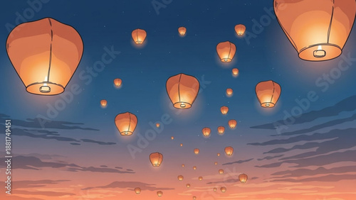 Sky lanterns floating in twilight sky a beautiful scene for festivals and celebrations vector illustration