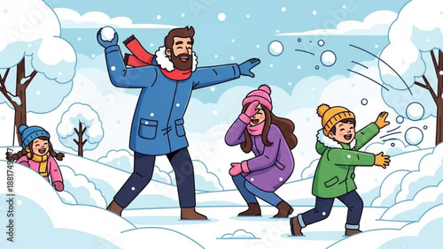 Family having a snowball fight in a snowy park winter fun and outdoor activity illustration for holiday greeting cards and seasonal designs