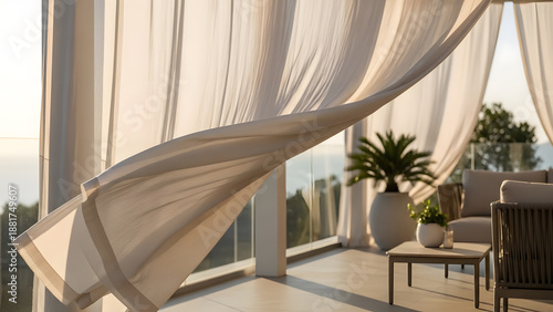 Sunny balcony view with sheer white curtains fluttering in the wind, modern outdoor furniture, and a tropical potted palm