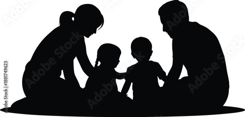 Silhouette of diverse group of people adults and kids arranged in a semi circle formation