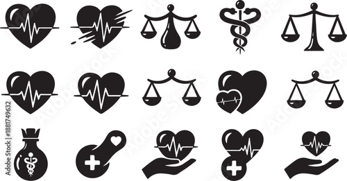 Medical and healthcare symbols and icons in black and white