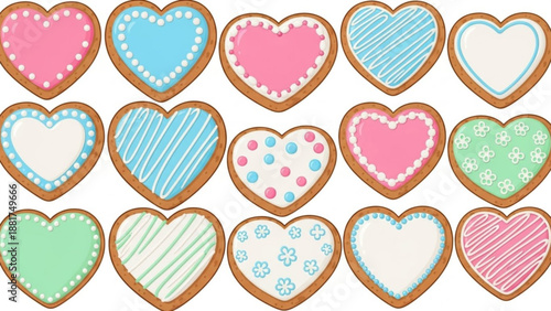 Collection of heart shaped cookies with colorful icing and patterns sweet baked treats for Valentines Day or celebrations isolated on white