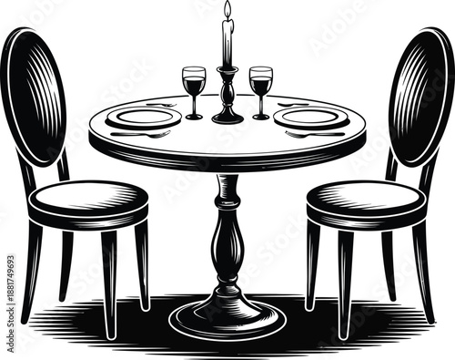 Romantic candlelight dinner setting with single lit candle in black holder and two wine glasses