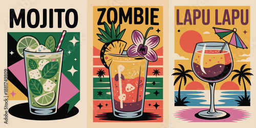 Retro Cocktail Posters Featuring Mojito, Zombie, and Lapu Lapu Drinks