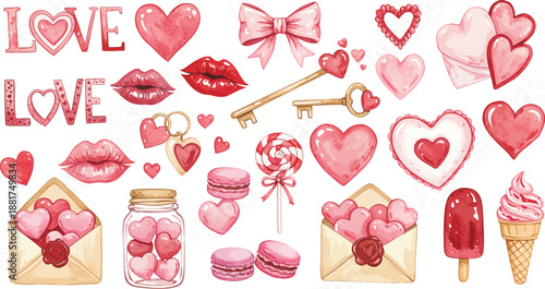 Valentine s day illustrations of hearts lips gifts and romantic treats in pink and red hues