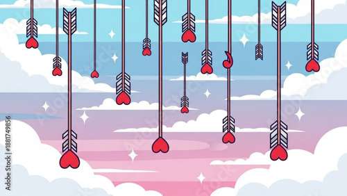 Falling cupid arrows with heart tips romantic Valentines Day concept soft pastel clouds background vector illustration