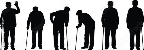 Elderly silhouette sequence showing aging progression, cane support, posture changes, and physical mobility stages in senior life illustration