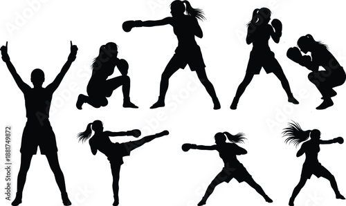 Female Boxer Silhouettes in Dynamic Fighting Poses, Martial Arts Action, Punching and Kicking Stances, Athletic Strength Vector Illustration Set