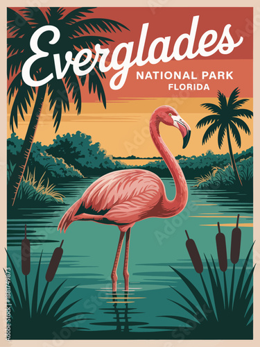 Everglades National Park Florida Vintage Flamingo Art