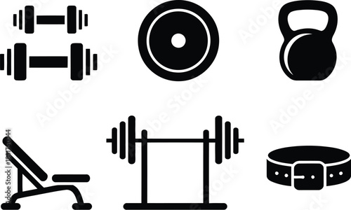 Essential fitness and weightlifting gym equipment silhouettes for workout designs