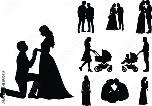 Romantic and family relationship silhouettes showing love, parenting, proposal, emotional bonding, and everyday moments between couples and children