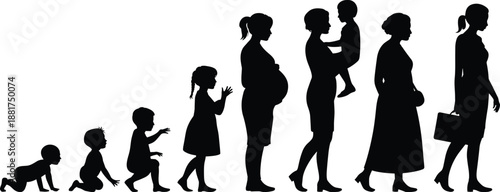Silhouette illustration of female life stages from baby to elderly woman showing growth, aging, motherhood, and professional identity