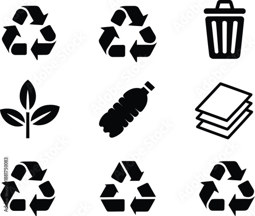 Recycling and waste management icons, environmental protection symbols