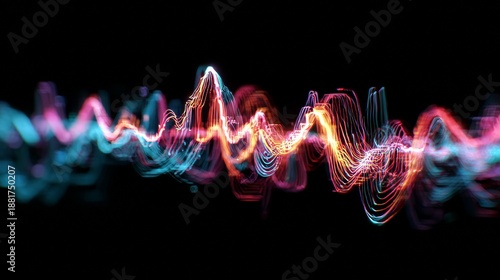 Colorful, glowing lines surge across a black backdrop, depicting a waveform-like pattern, with varying intensities and a focus on the center