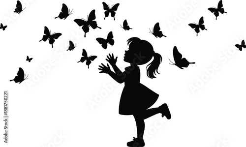 Silhouette of playful girl with butterflies in whimsical pose, representing childhood joy, nature connection, innocence, and outdoor imagination