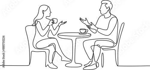 Minimalist Continuous Line Drawing of a Couple Engaged in Coffee Conversation