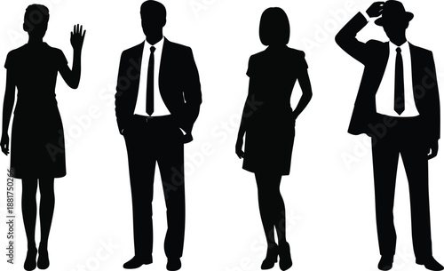 Silhouettes of business professionals in formal attire showcasing diverse poses, workplace fashion, and career representation on white background