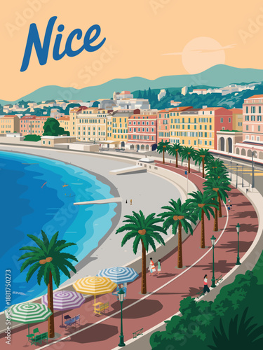 Retro travel poster illustration of Nice, French Riviera, with beach and historic city
