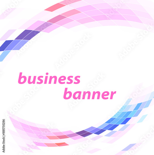 ピンクとブルーのグラデーションで描かれた円弧状グリッドが流れる抽象ビジネスバナーデザイン、企業サイトや広告に使いやすい中央余白付きモダン背景素材