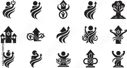 Yoga poses and meditation symbols in black and white