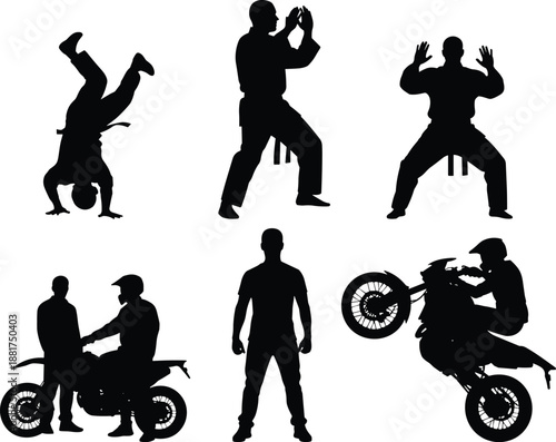 Silhouettes of martial arts poses and motorcycle stunts showing dynamic movement, athletic action, and lifestyle expression for sport and performance visuals