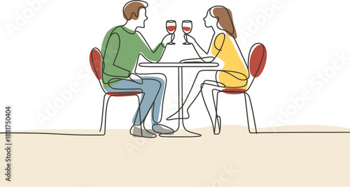 Stylized continuous line art depicting a couple enjoying a celebratory toast on an intimate date