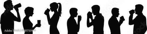Silhouettes of people drinking from cups showing casual gestures, daily routine, and beverage enjoyment in lifestyle and human activity visuals