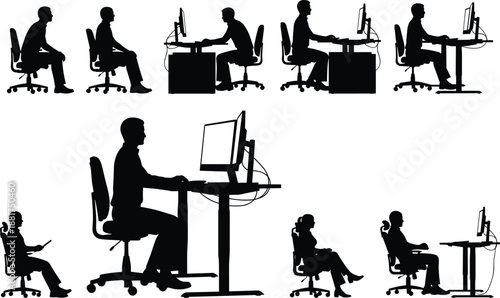 Silhouettes of Men and Women Demonstrating Correct Ergonomic Sitting Posture and Poor Habits While Working at a Computer Desk with Monitor