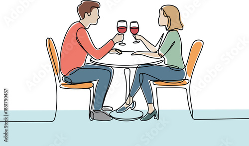 Continuous line art illustration of a loving couple toasting wine on a romantic date