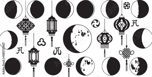 Moon phases and lanterns in black and white illustration