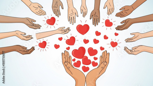 Diverse hands reaching out to share red hearts symbolizing love kindness and community support illustration for charity and giving