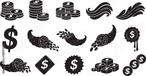 Black and white money icons and symbols illustration set