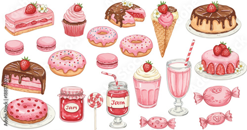 Assorted sweet treats and desserts including cakes cupcakes ice cream and milkshakes