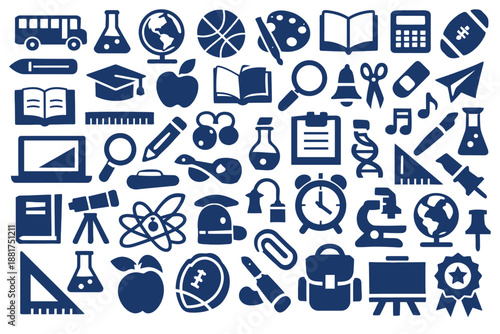 Vector set of school and business icons for web and mobile design featuring computer, mail, phone, and network symbols in a doodle illustration style for internet media