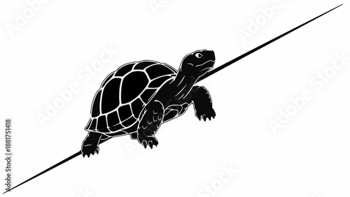 Silhouette of a tortoise walking on a thin, angled line against a white background.