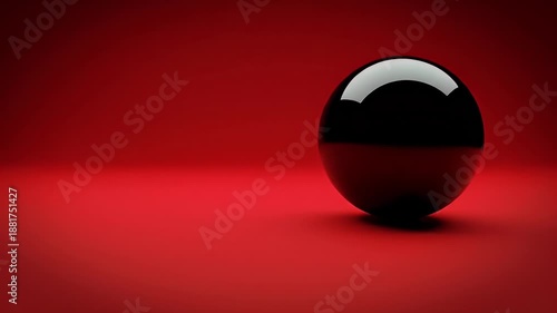 Glossy black sphere on vibrant red surface with copy space