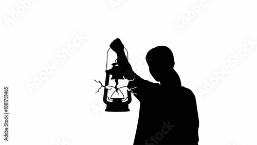 Silhouette of a person holding an old lantern, searching in the dark