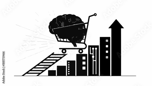 Brain in shopping cart ascends staircase towards upward trending graph representing growth and intelligence