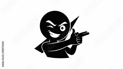 Playful stick figure winks and points finger gun with a mischievous grin