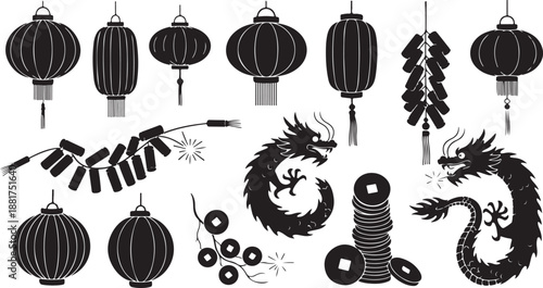 Chinese New Year Decorations and Dragon Illustrations Set