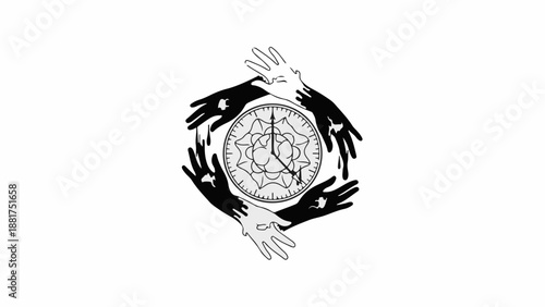 Abstract swirling hands around a clock face symbolize the passage of time and interconnectedness.