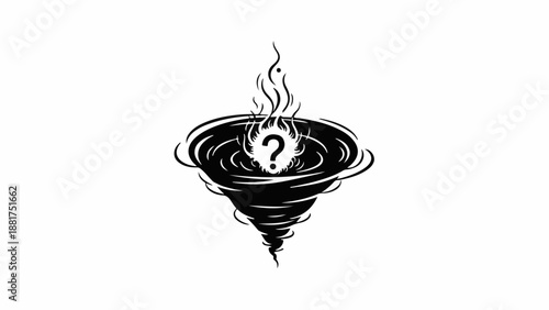 Mysterious swirling vortex with a question mark engulfed in flames, symbolizing uncertainty and the unknown.