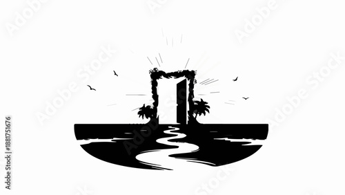 Mysterious portal opens to a path of light and hope in a surreal landscape.