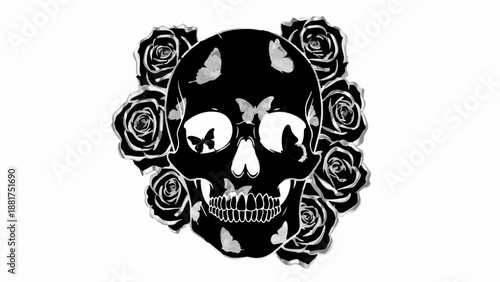 Intricate skull adorned with delicate butterflies and dark roses, symbolizing life and death.