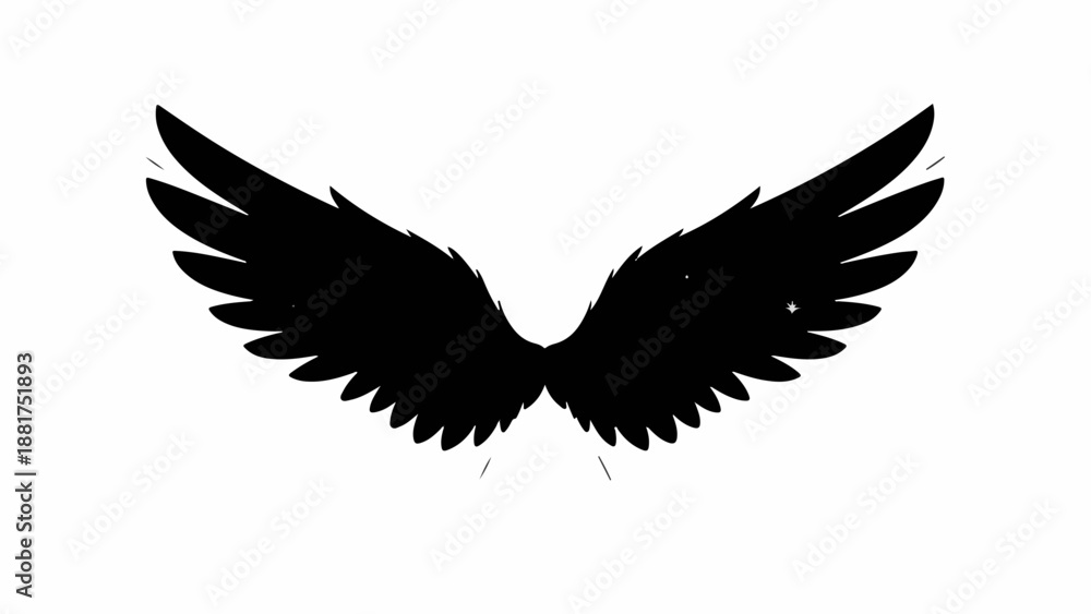 Fototapeta premium Bold black angel wings spread wide against a stark white background, symbolizing freedom and power.